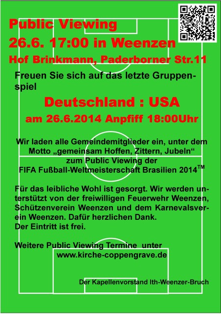 Public Viewing Deutschland - USA in Weenzen am 26.6.2014 um 18:00Uhr