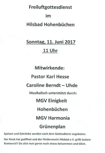 Einladung zum Freiluftgottesdienst im Hilsbad/Hohenbüchen am 11. Juni 2017 um 11 Uhr