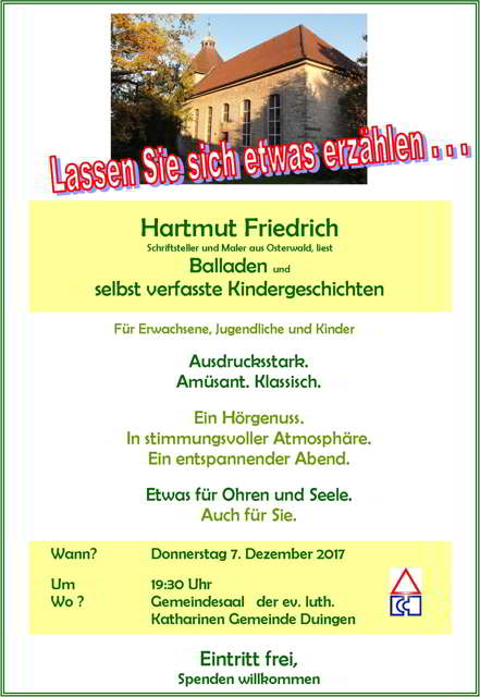 Hartmut Friedrich lies im Gemeindesaal in Duingen am 7. Dez. um 19:30 Uhr