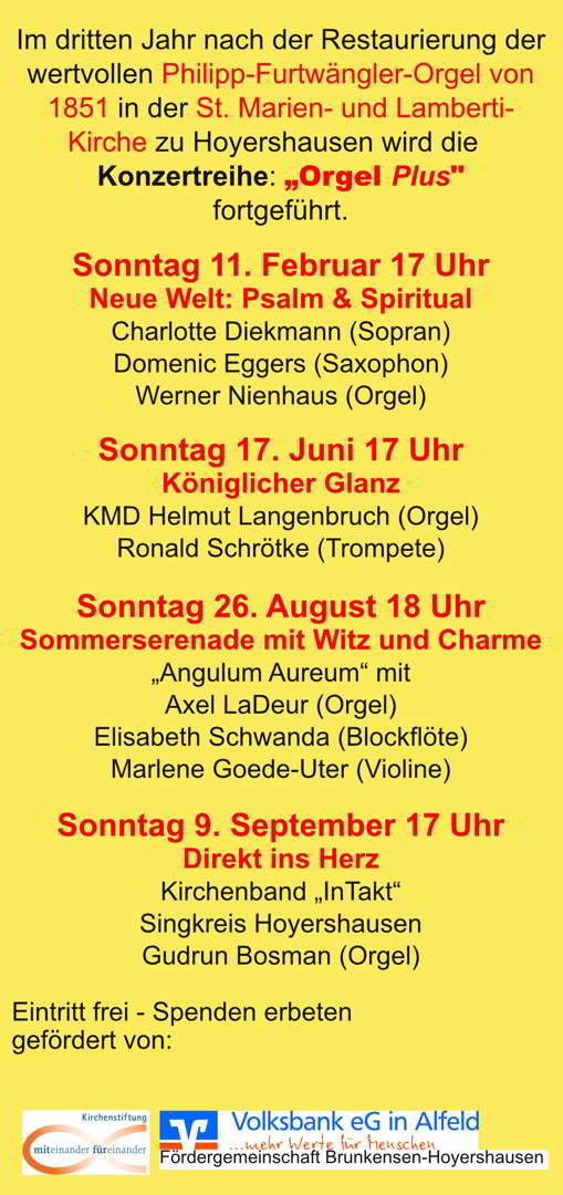 Jahresplan der Konzertreihe Orgel <i>Plus</i> in Hoyershausen
